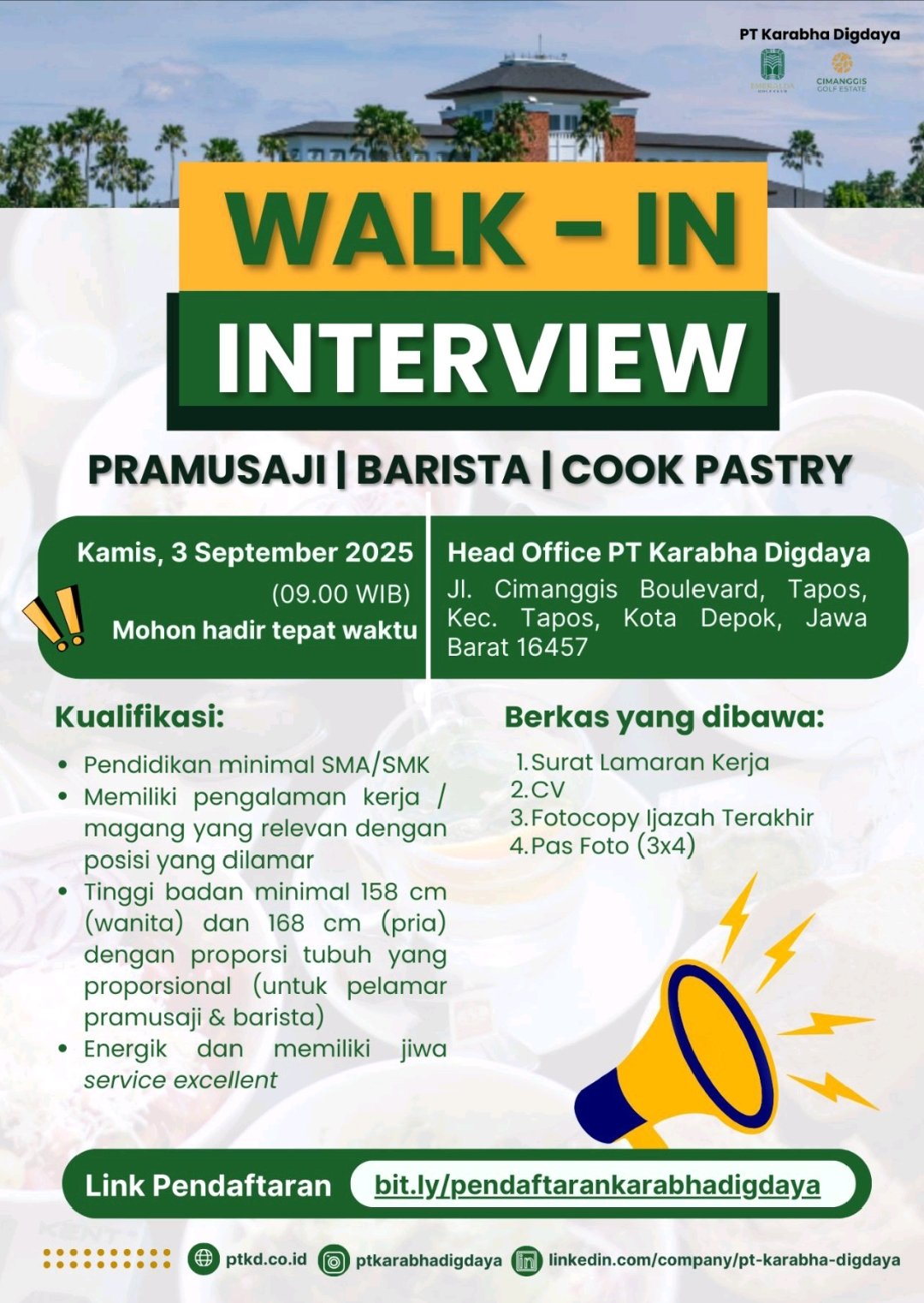 PT Karabha Digdya – Walk-in Interview (Pramusaji, Barista, Cook Pastry)